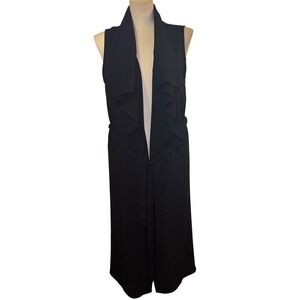 I MADELINE Women Black Sleeveless Cascade Ruffle Duster Vest Open Front Tie Belt